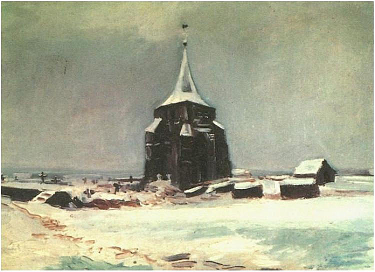 Картина Ван Гога Старая кладбищенская башня в снегу 1885